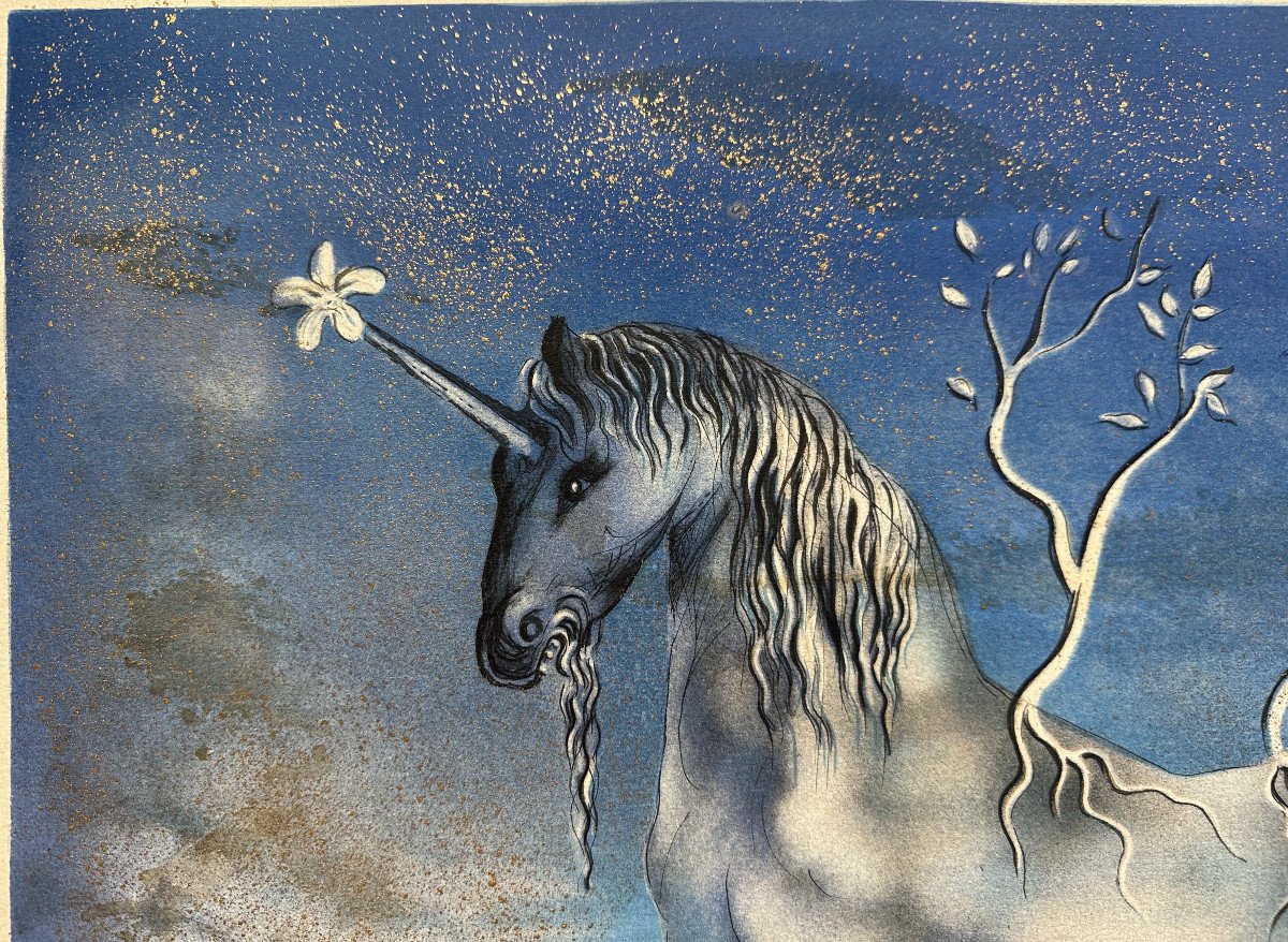 Salvador Dali (1904-1989) "la Licorne" Lithographie Gauffrée Couleur Rehaussée à La Poudre d'Or-photo-2