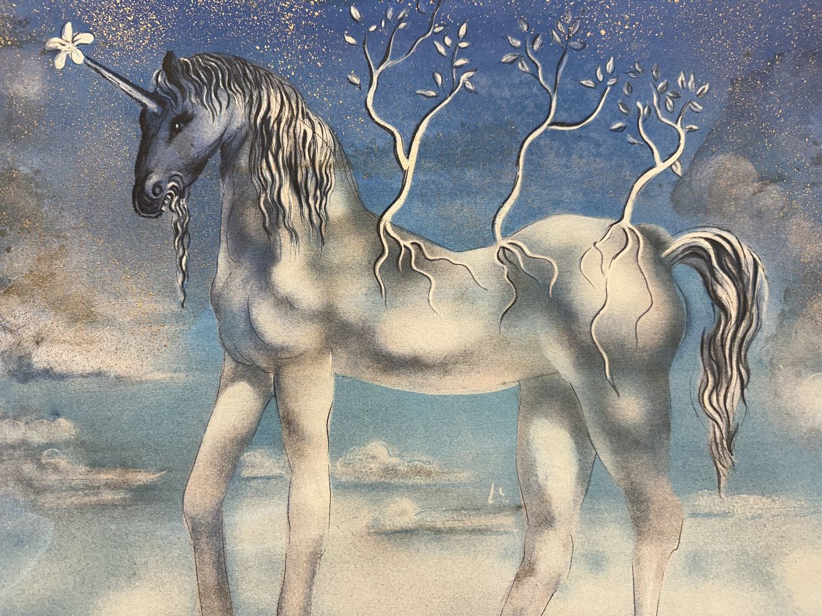 Salvador Dali (1904-1989) "la Licorne" Lithographie Gauffrée Couleur Rehaussée à La Poudre d'Or-photo-3