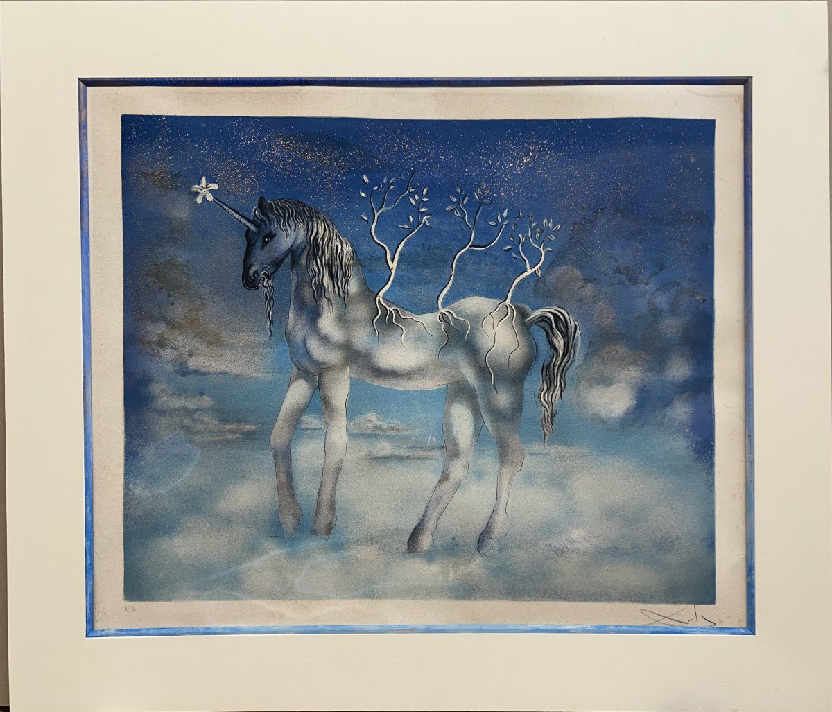 Salvador Dali (1904-1989) "la Licorne" Lithographie Gauffrée Couleur Rehaussée à La Poudre d'Or