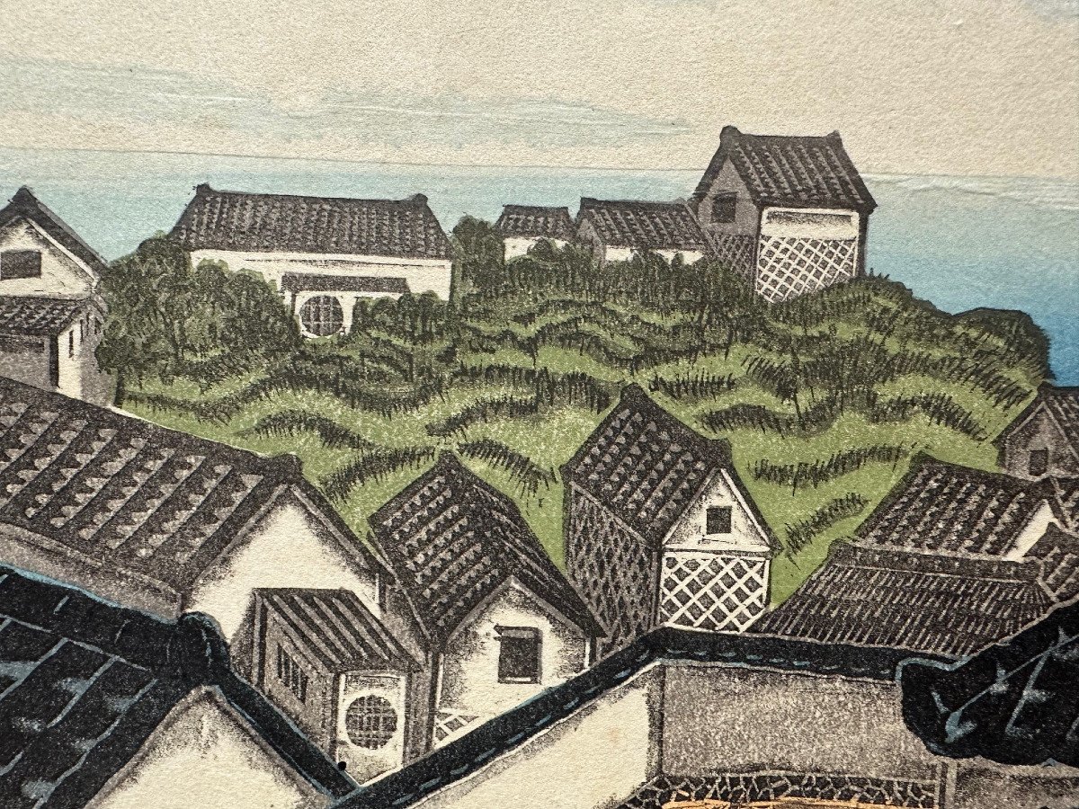 Henmi Takashi (1895-1944) Sosaku Hanga "village By The Ocean" Woodblock Print Japan-photo-2