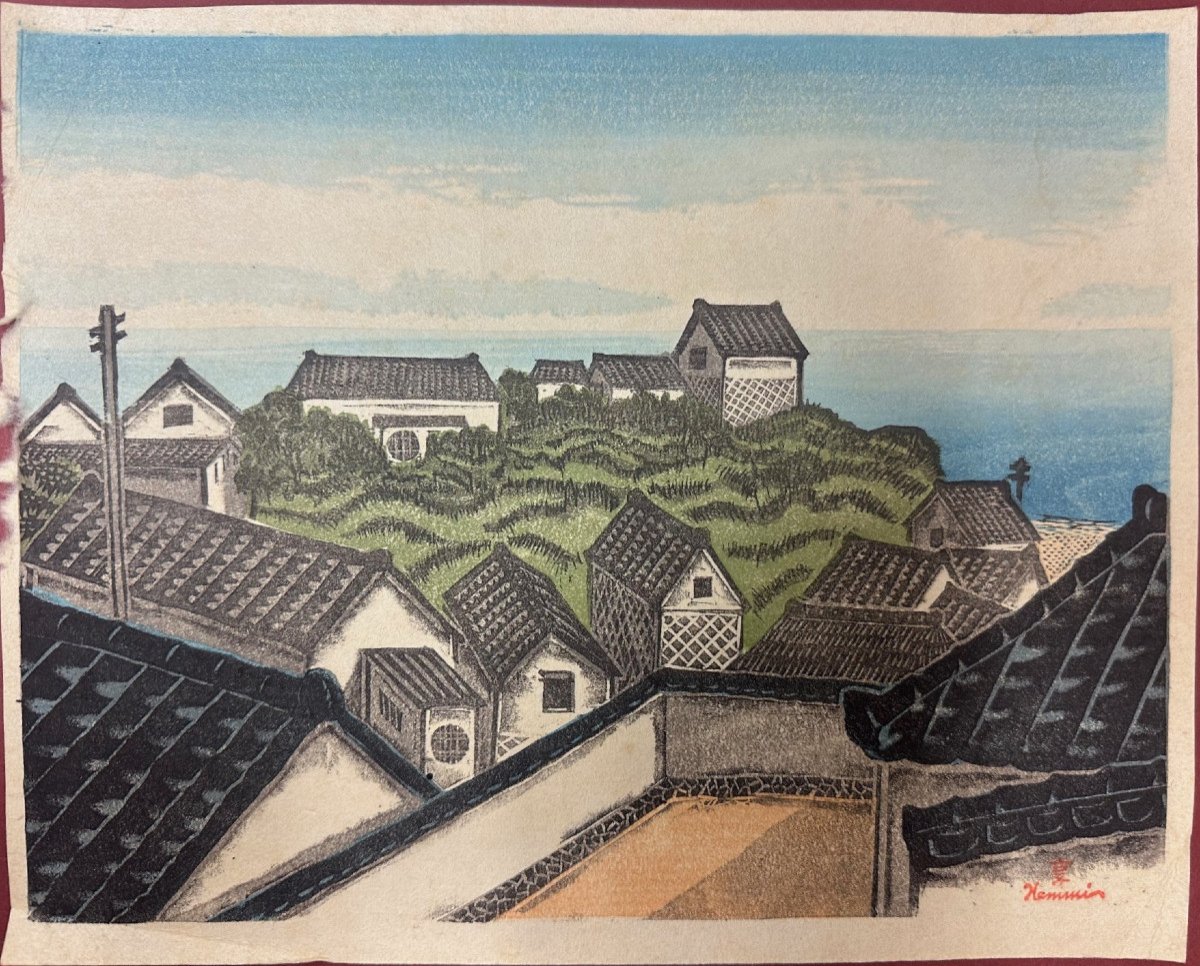 Henmi Takashi (1895-1944) Sosaku Hanga "village By The Ocean" Woodblock Print Japan