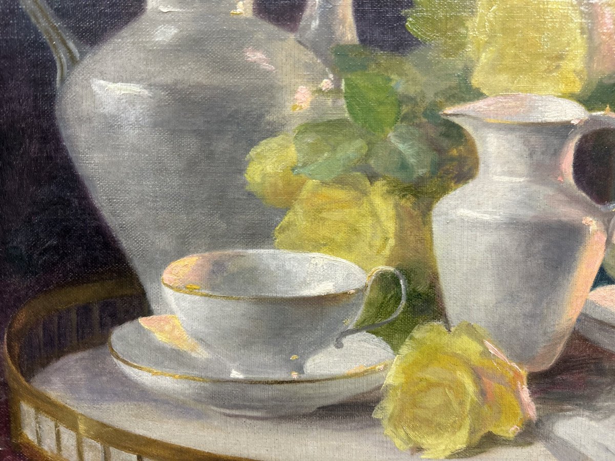 Thérèse GUÉRIN (1861-1933) école de Lyon"Porcelaine et roses jaunes" Huile sur toile 38 x 46 cm-photo-2