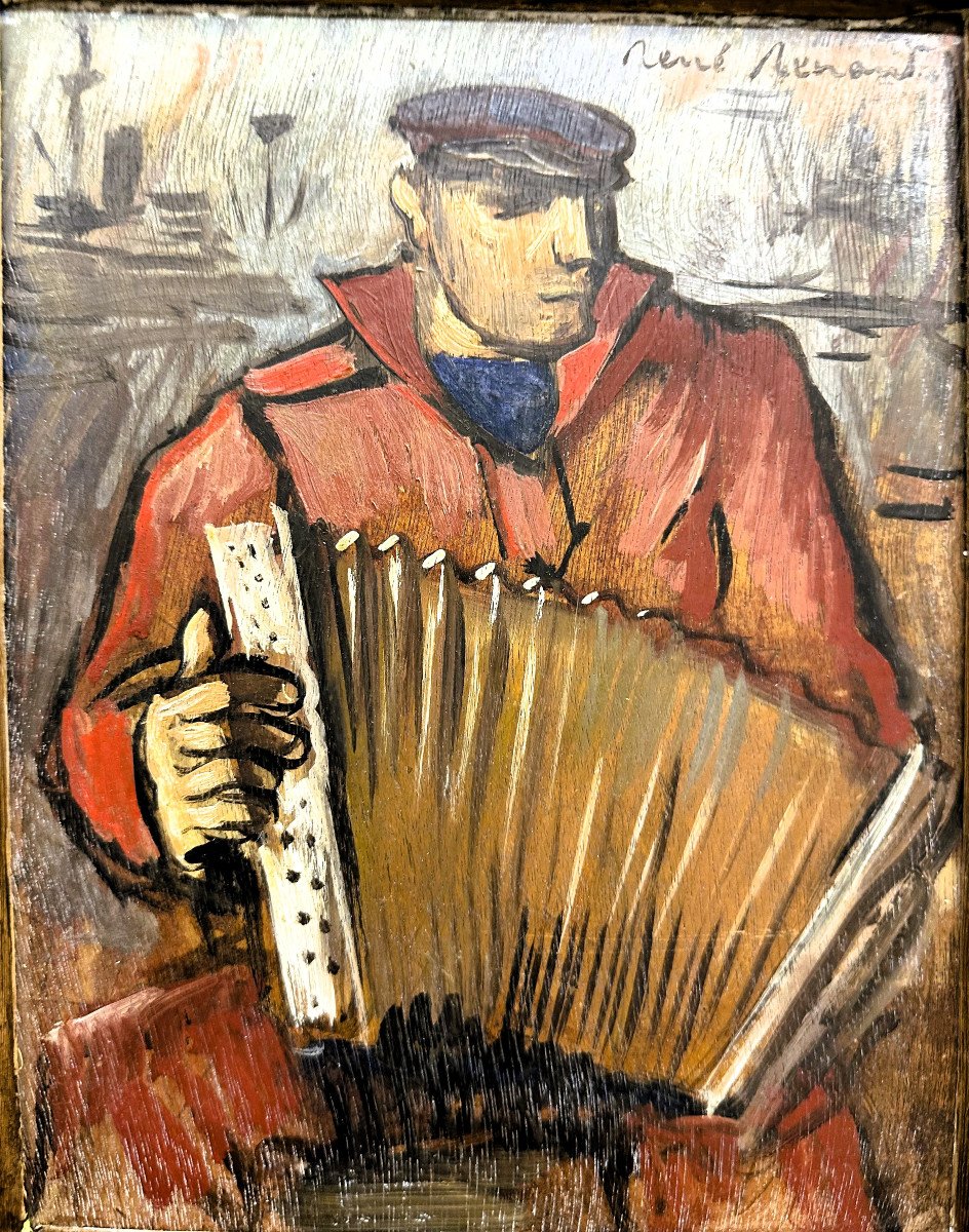 René RENAUD (1907-1991) Île de Ré:"Le marin accordéoniste" Huile sur panneau, signé haut droite-photo-2