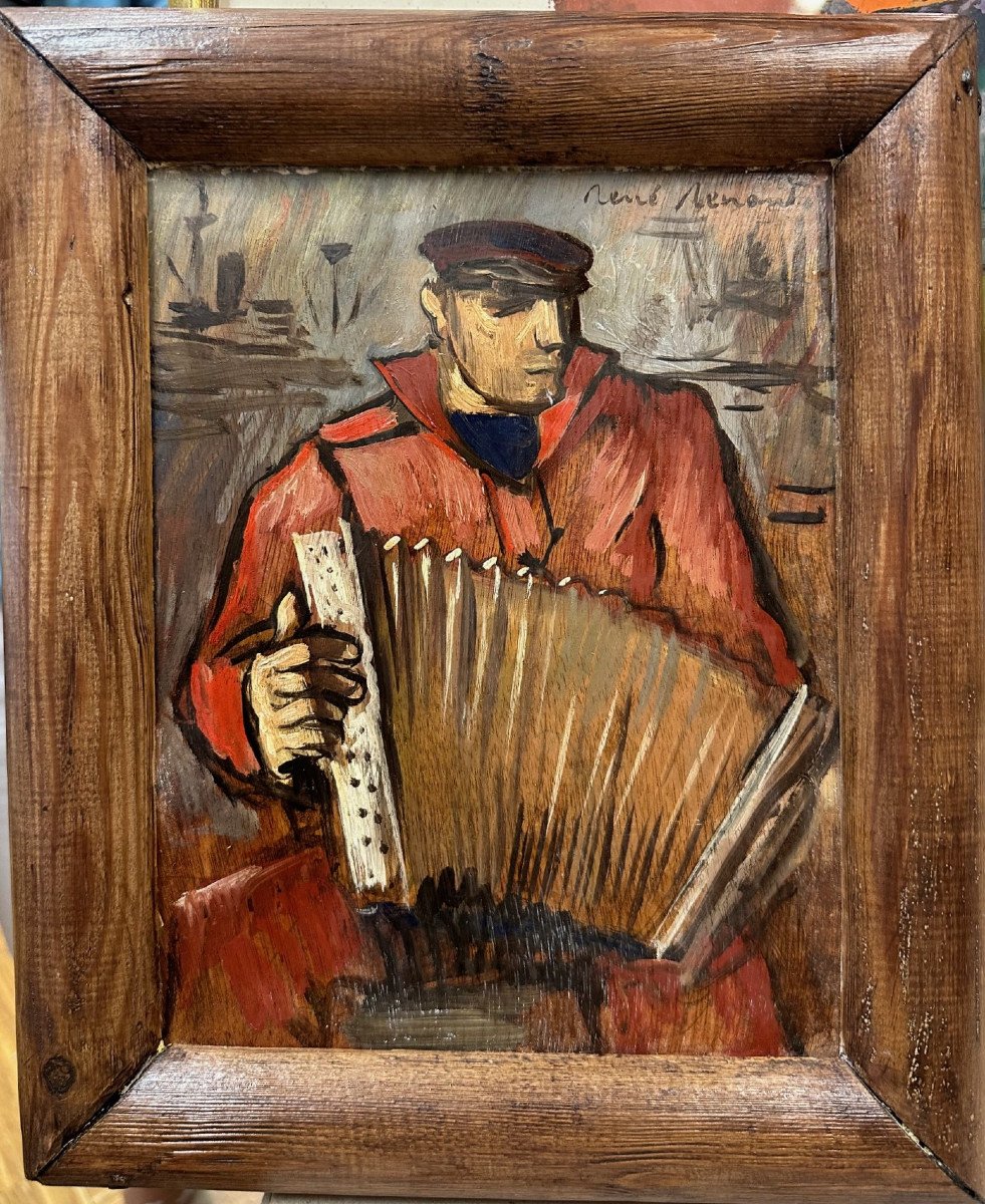 René RENAUD (1907-1991) Île de Ré:"Le marin accordéoniste" Huile sur panneau, signé haut droite