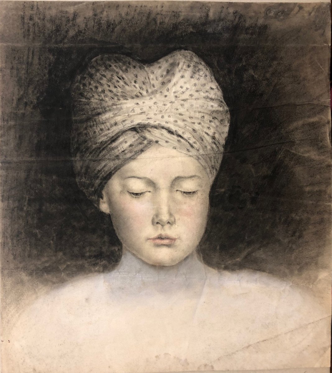 Vers 1900: "Enfant au turban" Fusain et pastel non signé-photo-2