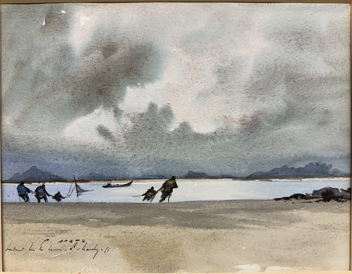 Pierre BRETTE (1905-1961) Lambézellec "Pêche dans les iles Chausey"aquarelle Peintre marine-photo-2