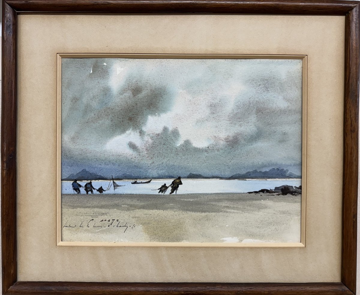 Pierre BRETTE (1905-1961) Lambézellec "Pêche dans les iles Chausey"aquarelle Peintre marine