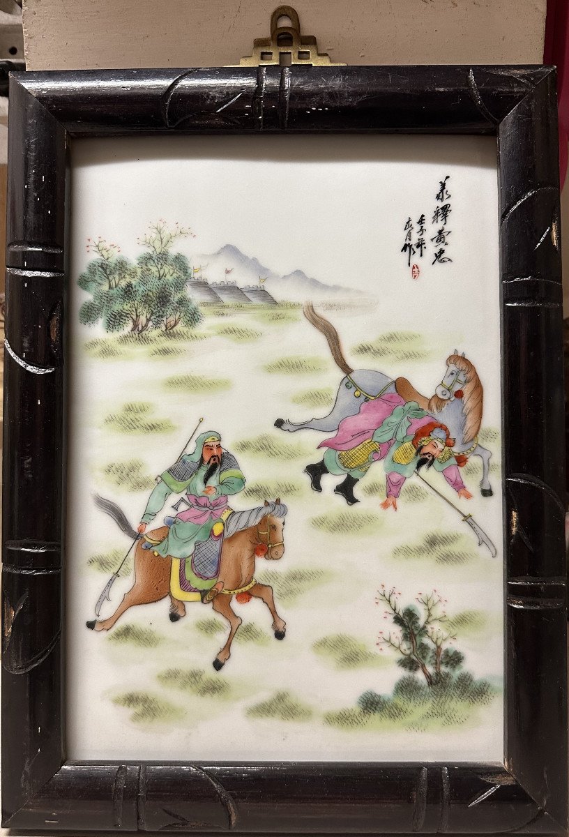 4 Hand-painted Porcelain Tiles; China Circa 1900: "war Scenes" 17.5 X 25 Cm-photo-4