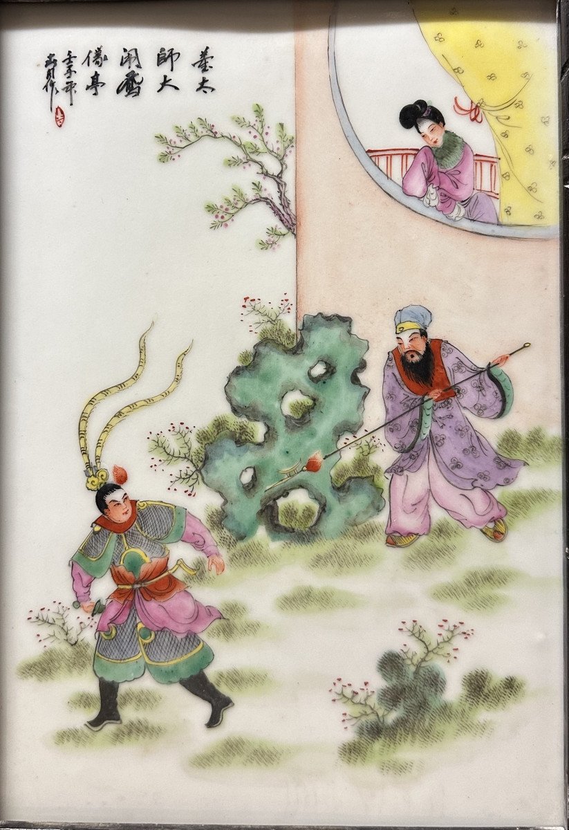 4 Hand-painted Porcelain Tiles; China Circa 1900: "war Scenes" 17.5 X 25 Cm