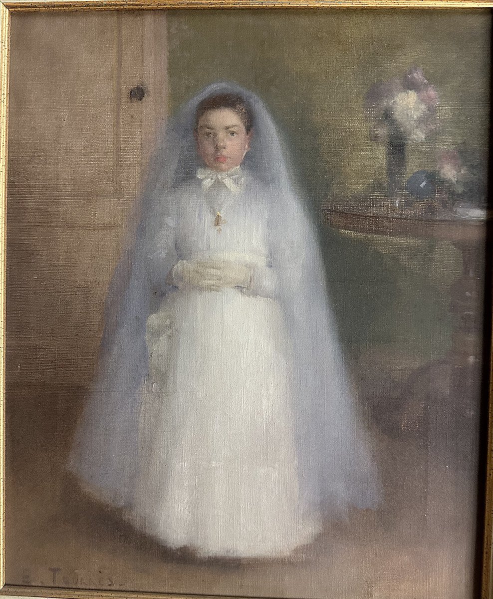 étienne Tournes (1857-1931) "the Communicant" Oil On Canvas Signed Lower Left-photo-2