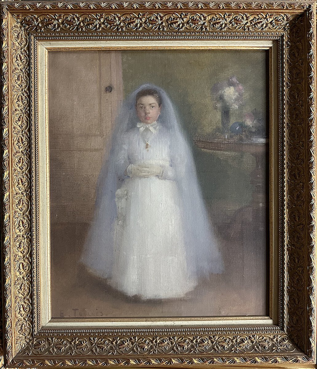 étienne Tournes (1857-1931) "the Communicant" Oil On Canvas Signed Lower Left