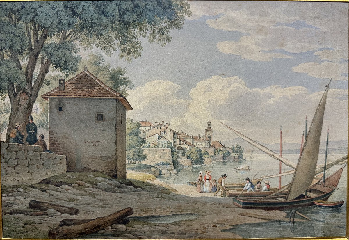 Friedrich Wilhelm MORITZ (1783-1855) "Ville sur un lac suisse" Herborn ou St-Gall-Neuchatel.