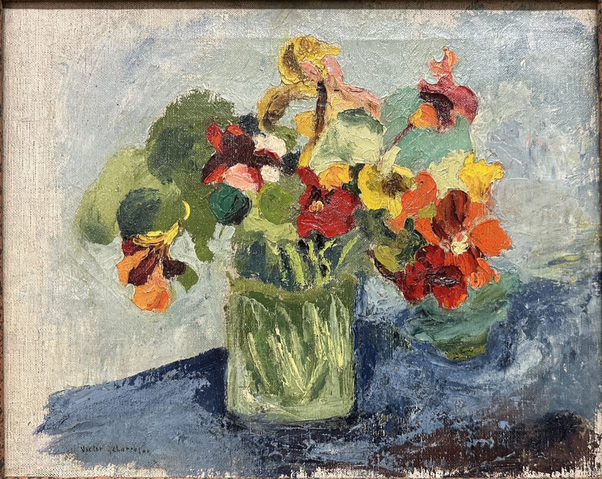 Victor CHARRETON (1864-1936) Bourgoin-Jallieu "Vase de fleurs"Huile sur toile signée bas gauche-photo-3