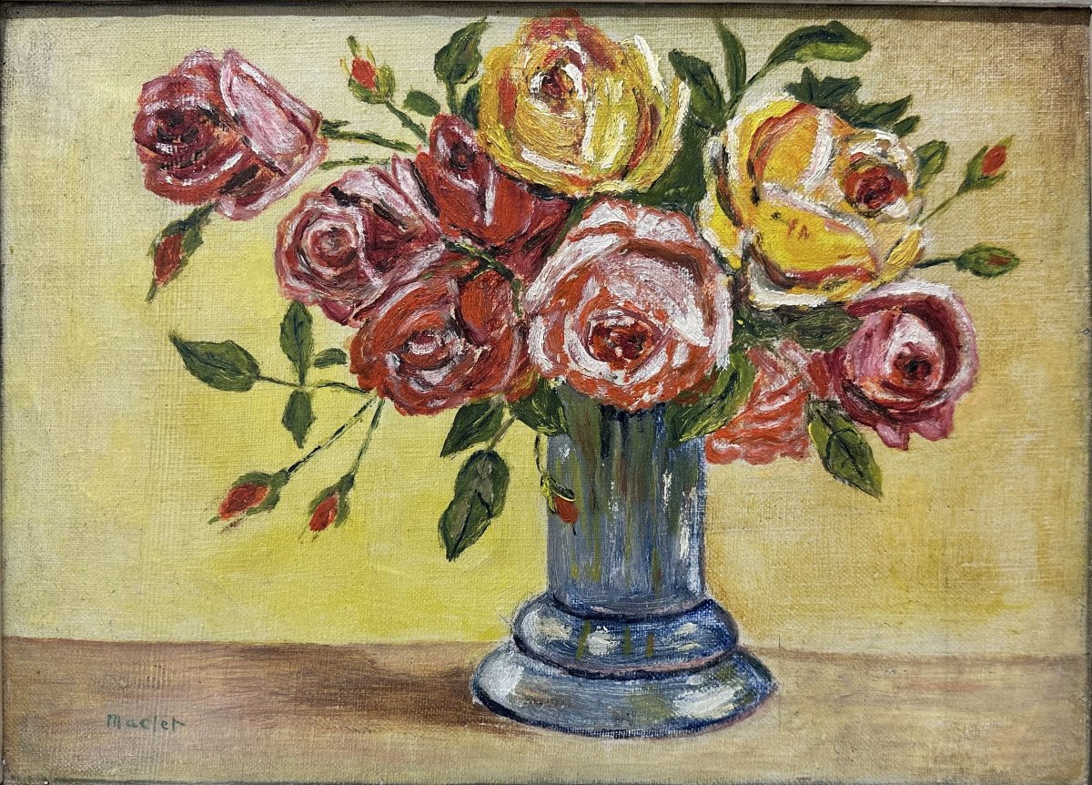 Élisée MACLET (1881-1962) Lihons / Montmartre "Bouquet de roses", huile sur toile marouflée-photo-3