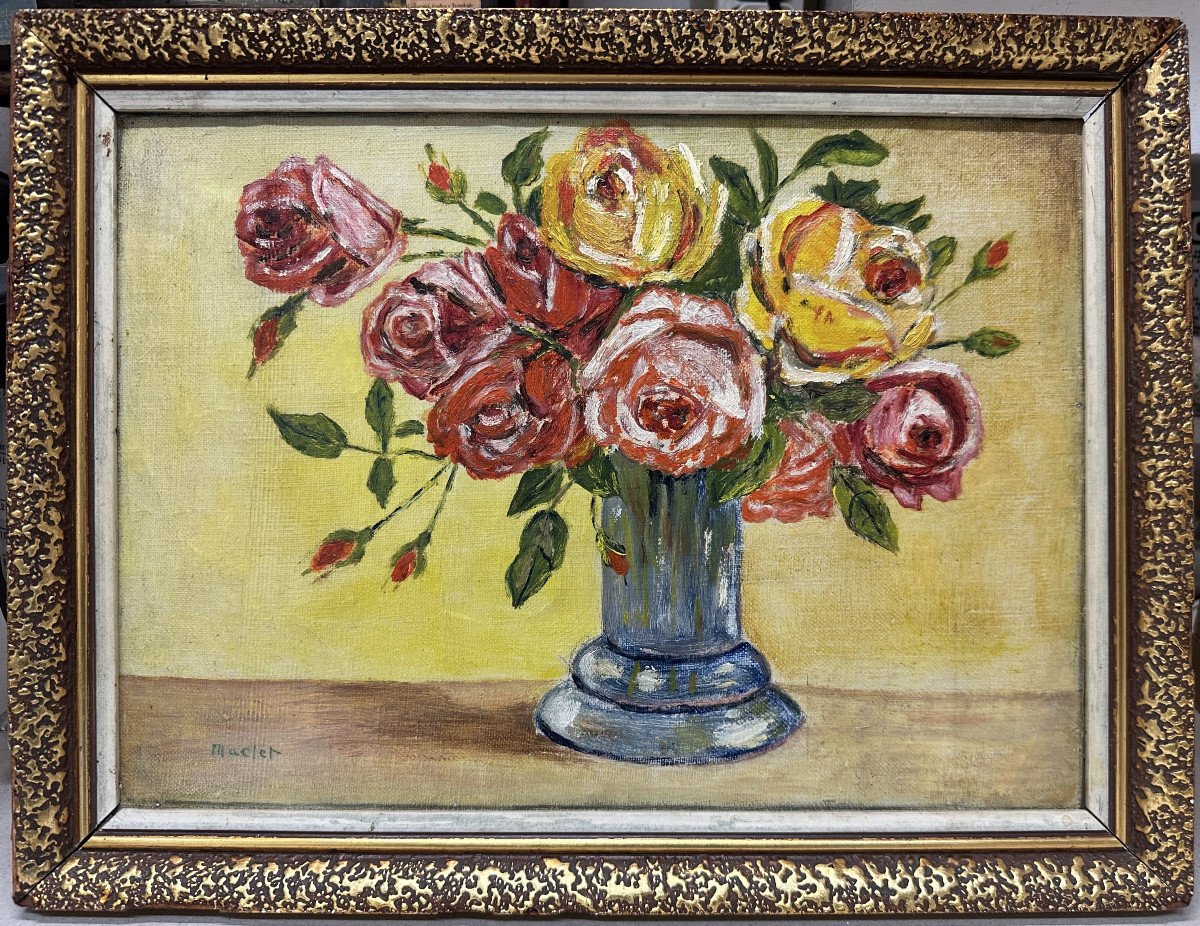 Élisée MACLET (1881-1962) Lihons / Montmartre "Bouquet de roses", huile sur toile marouflée