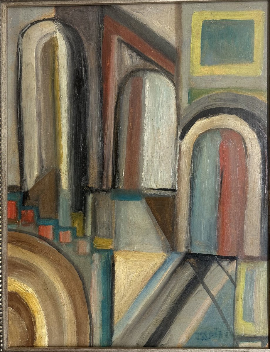 Nikolai Isaev (1891-1977) Nicolas Issaiev, Mykola Isaev "cubist Composition" Oil On Hardboard-photo-2