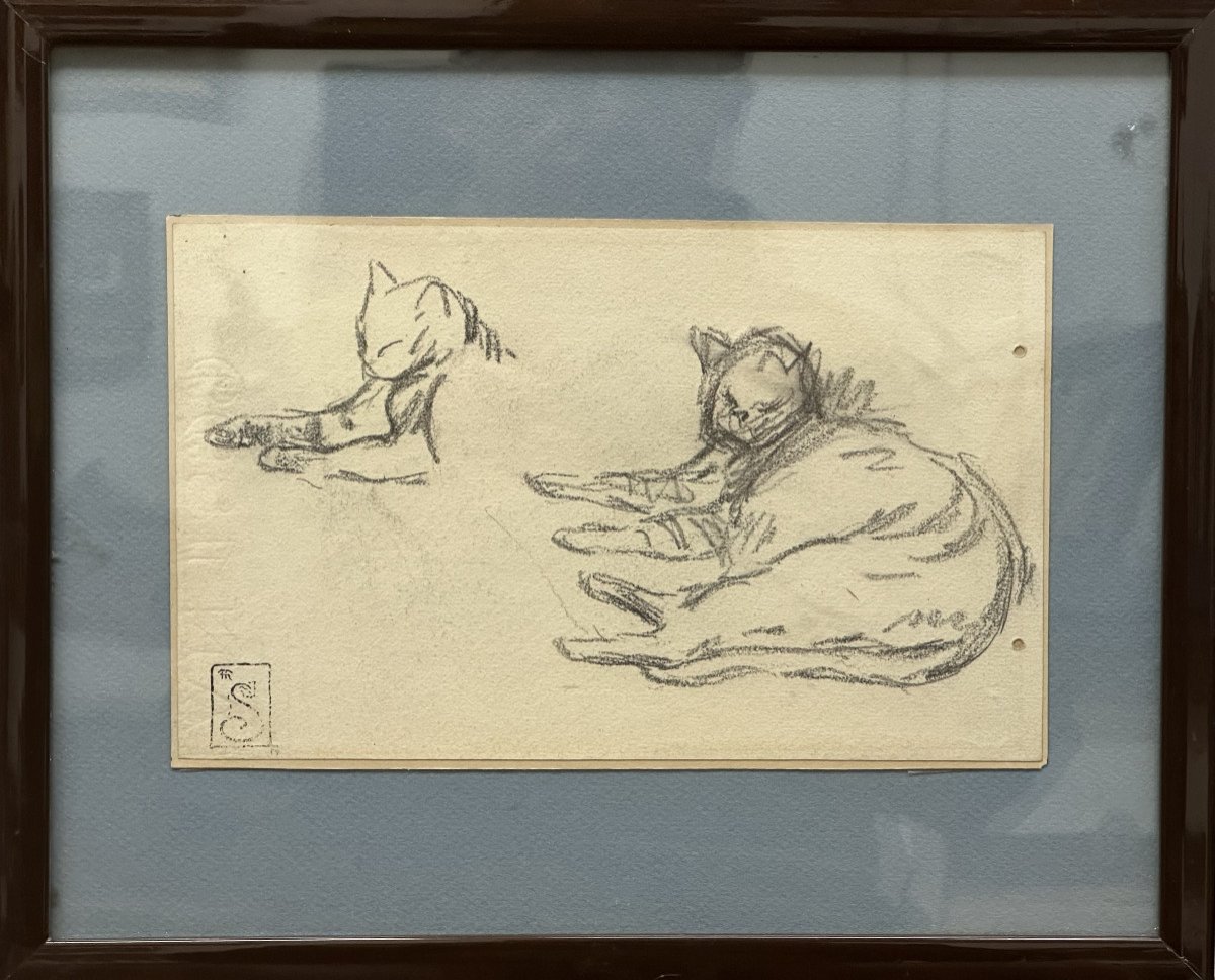 Théophile Alexandre STEINLEN (1859-1923) "Chats" crayon sur papier signé du cachet d'atelier-photo-2