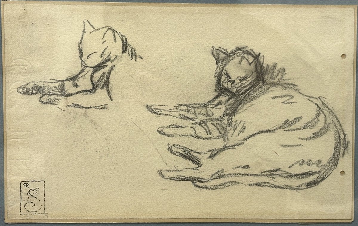 Théophile Alexandre Steinlen (1859-1923) "cats" Pencil On Paper Signed With Workshop Stamp