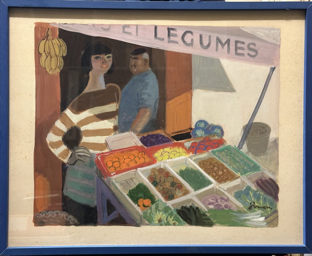 Simon XX°, Saint Tropez, Bb, Bardot, Vintage, Côte D’azur “fruits And Vegetables” Gouache