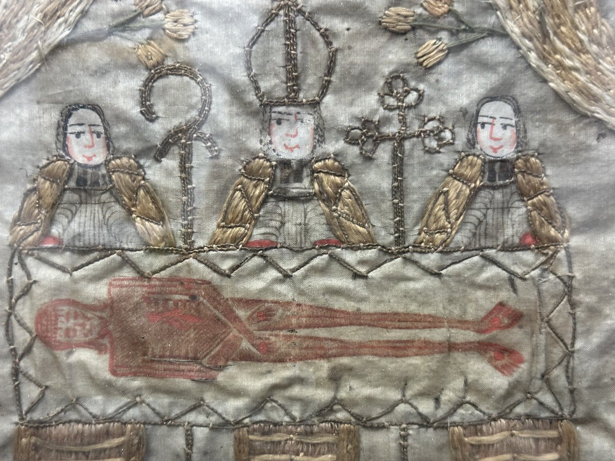 Religious Embroidery On Silk Around 1700 18th Century, Holy Shroud Of Besançon, Reliquary, Painting-photo-3