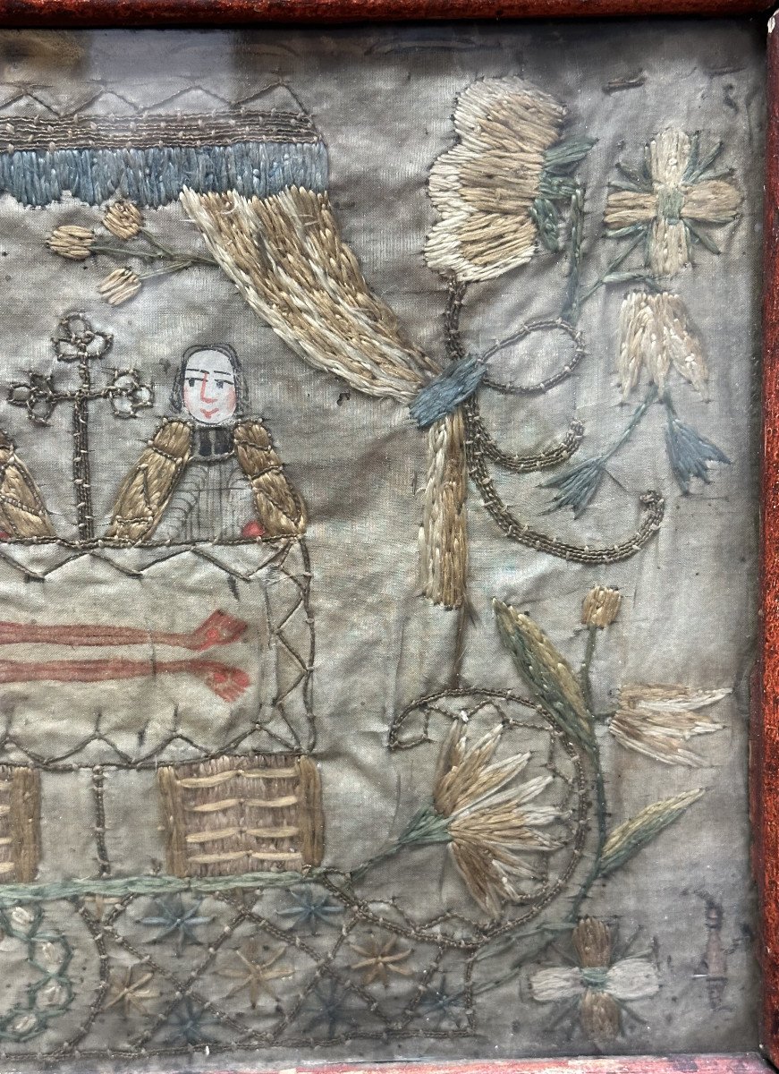 Religious Embroidery On Silk Around 1700 18th Century, Holy Shroud Of Besançon, Reliquary, Painting-photo-1