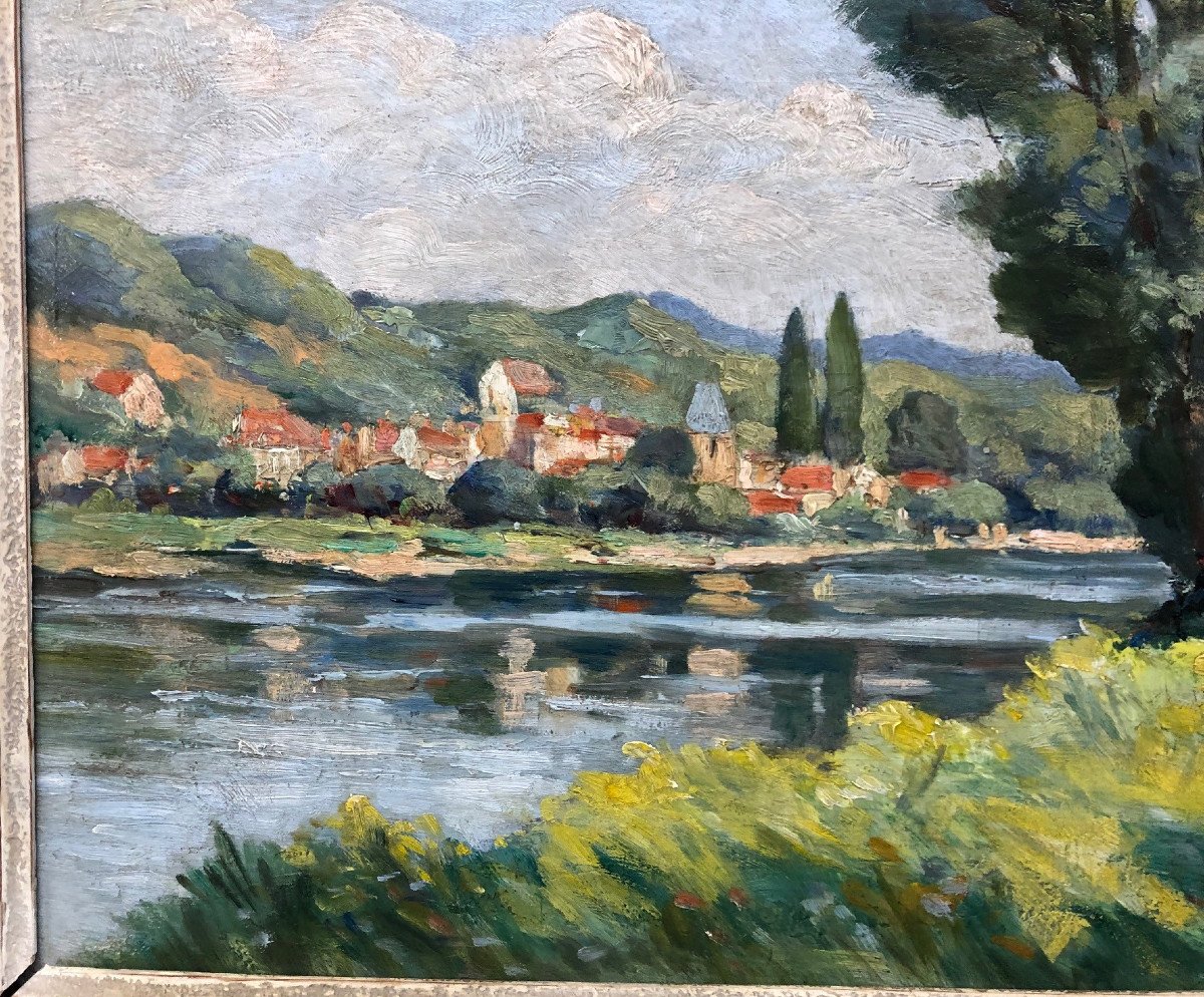 Edouard LEVERD (?-1953) : " Village en bord de rivière "-photo-4