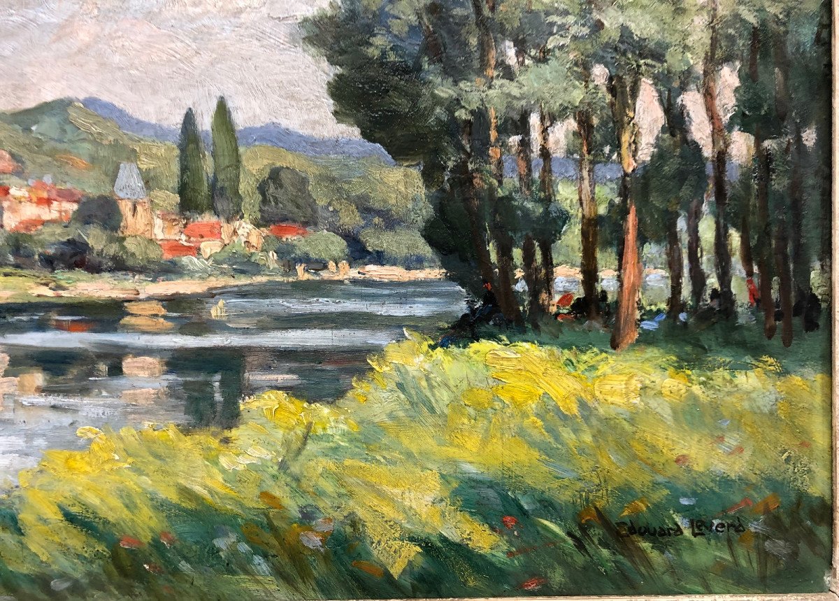 Edouard LEVERD (?-1953) : " Village en bord de rivière "-photo-1