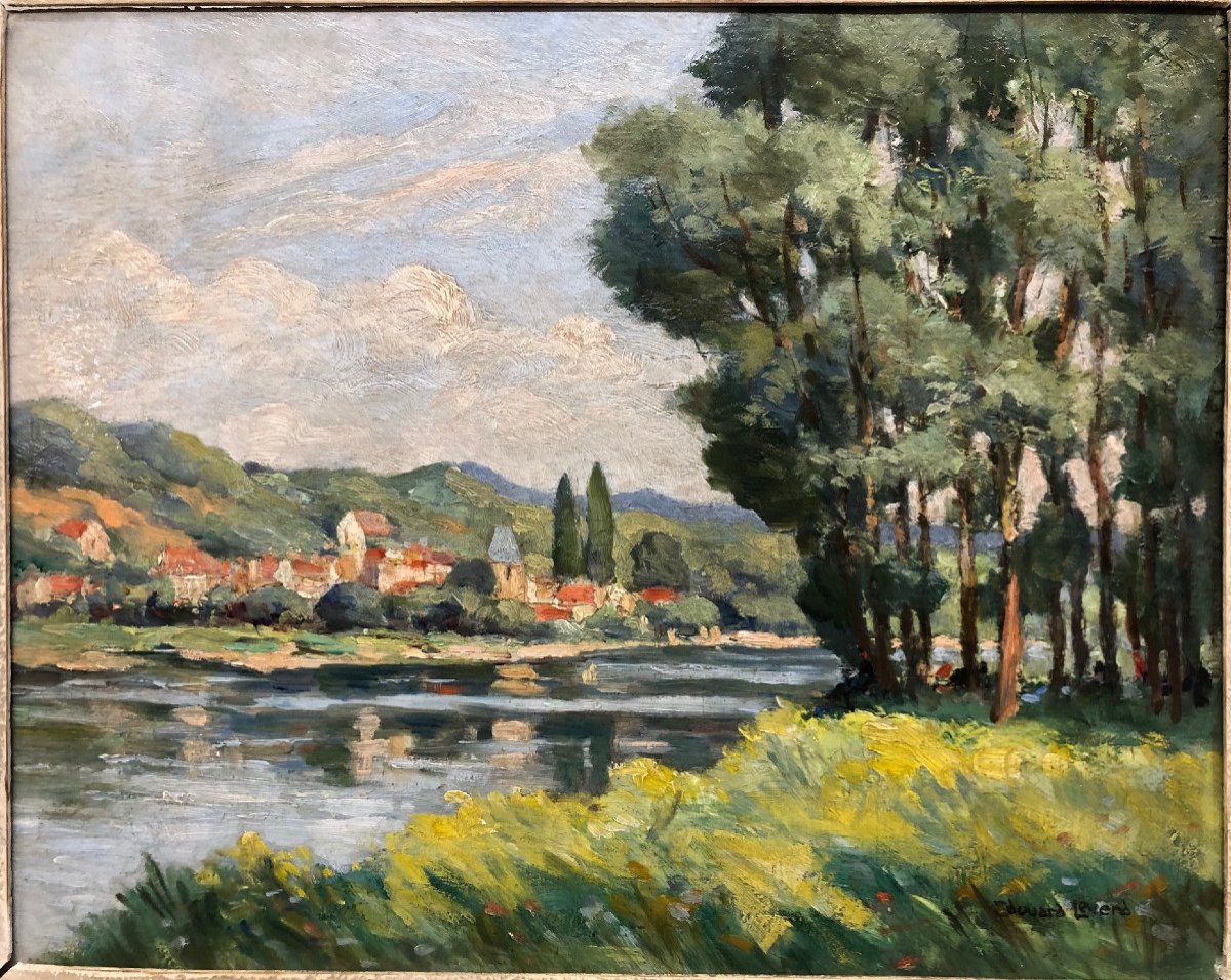 Edouard LEVERD (?-1953) : " Village en bord de rivière "