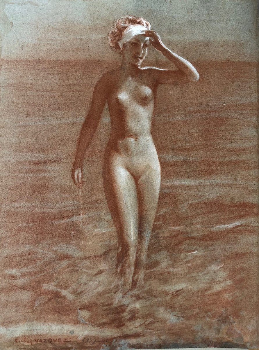 Carlos VÁzquez (1869-1944) Spanish From Ciudad Real: "bather"; Blood On Paper.