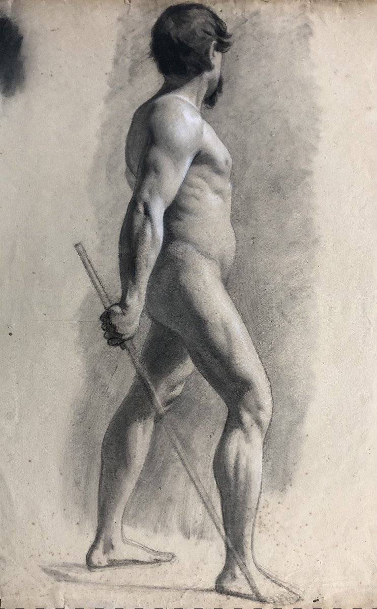 François Bouchot (1800-1842) Attributed: "academy, Male Nude" Charcoal Heightened With White