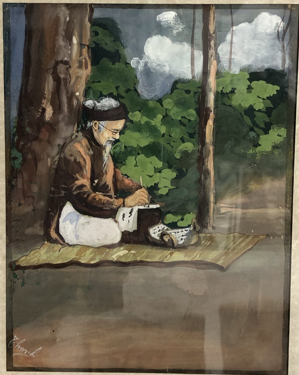 Than Le (XX°); Vietnam, Indochine : "Calligraphe vietnamien" ; Gouache