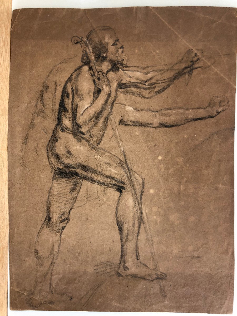 French School Early 19th "study Of A Man Carrying A Bishop's Crosier"; Charcoal On Paper