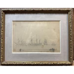 French School Napoleonic Period: "boats At Anchor" Unsigned Lead Mine, 18 X 27 Cm