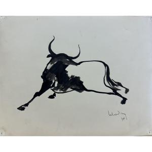 Dang Lebadang (1921-2015) Indochina, Vietnam, Hué, Paris: "buffalo" Ink Wash With Brush 1954