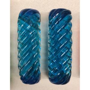 Vintage Italy Murano Design: "striated Glass Door Handles And Colored Blue At The Heart"