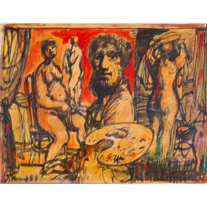 Vigny Sylvain (1903-1970) Austria-nice; “the Painter’s Workshop” Expressionism, Dated 58