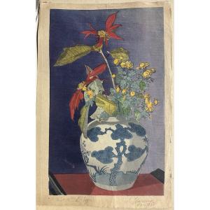 Hazama Inosuke 硲伊之助 (1895-1977) Japon: "fleurs Dans Un Vase Chinois", Estampe Signée Bas Droite