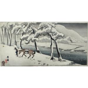 Kako Morita (1870-1931) Japon "homme Et Cheval Sur Route Enneigée Et Pêcheur" Deux Estampes