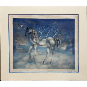 Salvador Dali (1904-1989) "la Licorne" Lithographie Gauffrée Couleur Rehaussée à La Poudre d'Or