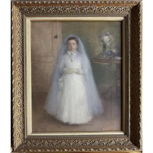 étienne Tournes (1857-1931) "the Communicant" Oil On Canvas Signed Lower Left