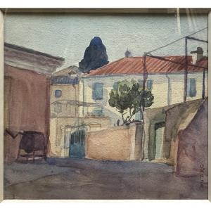 Minoru OKADA (XX) Japon, La Gaude Alpes-maritimes "placette à Cagnes-sur-mer" Aquarelle