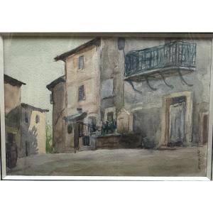 Minoru OKADA (XX) Japon, La Gaude Alpes-maritimes "fontaine De Village" Aquarelle