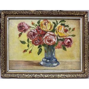 Élisée MACLET (1881-1962) Lihons / Montmartre "Bouquet de roses", huile sur toile marouflée