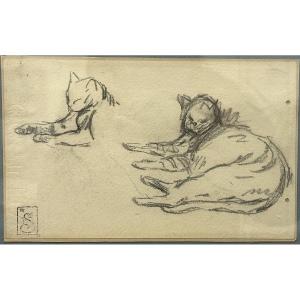 Théophile Alexandre Steinlen (1859-1923) "cats" Pencil On Paper Signed With Workshop Stamp