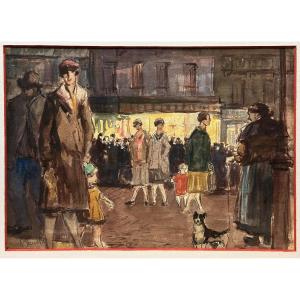 Léon Fauché (1868-1950) Briey, Lorraine: "parisian Scene" Watercolor 1930s