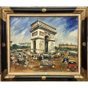 Lucien GENIN (1894-1953) Rouen/Paris, Montmartre "L'arc de Triomphe et les automobiles" Huile 