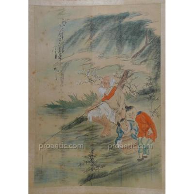 "Le pêcheur" art asiatique vers 1900