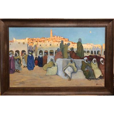 BOUVIOLLE Maurice (1893-1971) "Vue animée de Ghardaia à la tombée du jour" RARE FORMAT ! 