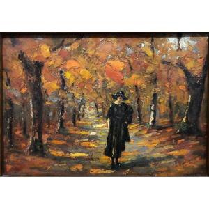  Corneliu Ratiu (1882-1939) peintre roumain « Promenade dans le parc Cismigiu  en automne»