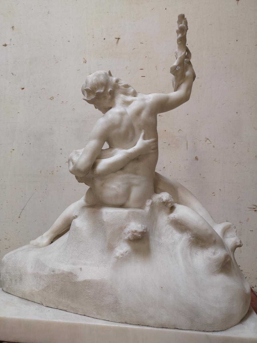 Sculpture In Marble Signed E. Hannaux "poet And Siren"-photo-4